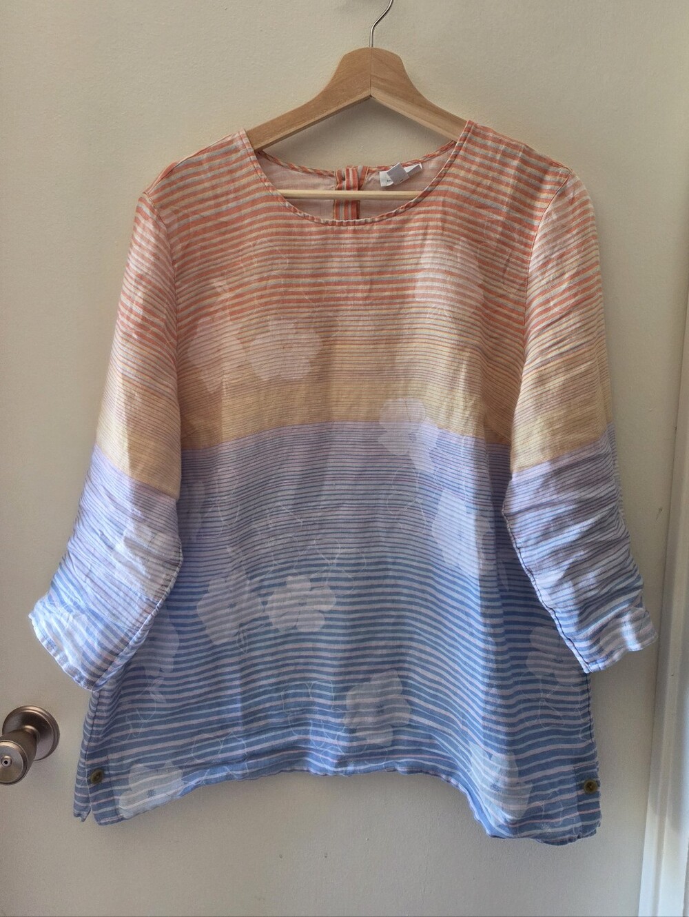 J. Jill Love Linen Multi Tropical Floral Stripe 3/4 Sleeve Tunic, L